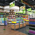 Well Organized Supermarket Interior with Product Shelves Bakery Counter Shopping Carts and Seating Area