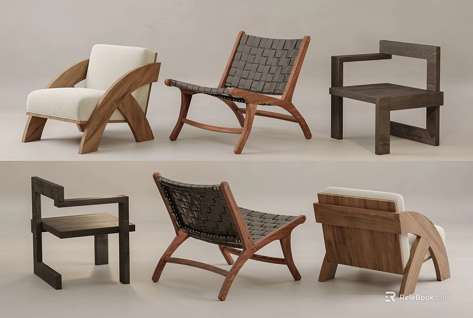 Modern Leisure Chairs With Different Styles Wooden Frame And Woven Fabric Seats 3d model 