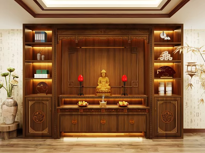 Wooden Chinese Style Buddhist Shrine Cabinet with Buddha Statue Side Shelves and Fruit Offerings 3d model