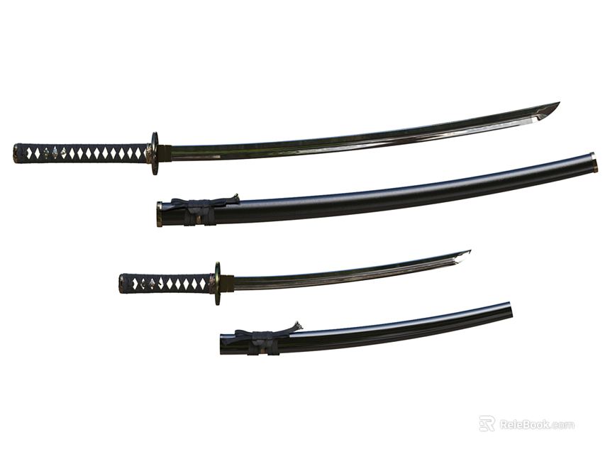 Traditional Japanese Katana Weapon Set of Three With Curved Blades And Black Scabbards 3d model 