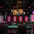 Modern Bar Interior With Neon Lights Moon Decor And Glowing Floor Tiles