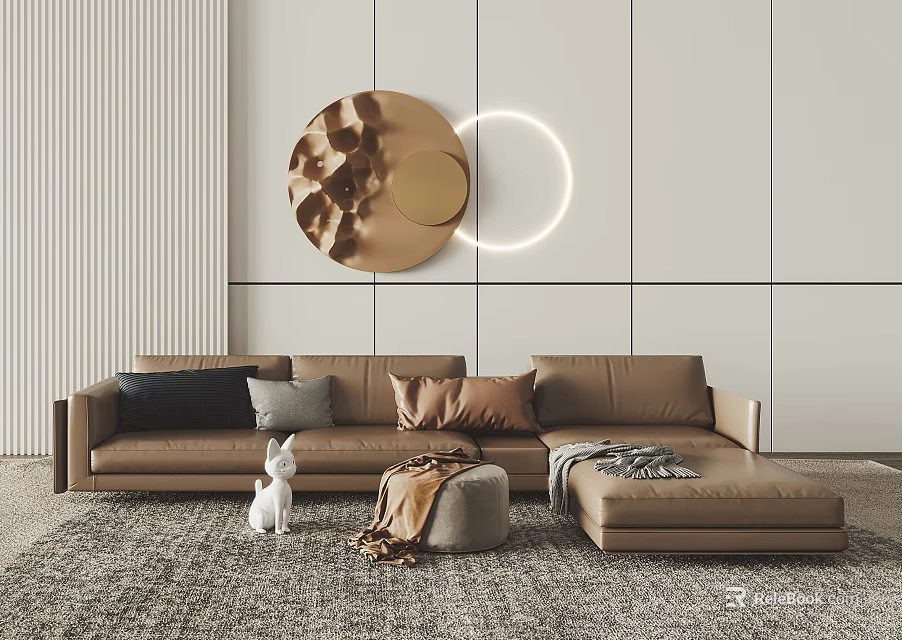 Modern Brown Sectional Sofa With Circular Wall Decor Throw Pillows And Ottoman 3d model