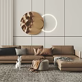 Modern Brown Sectional Sofa With Circular Wall Decor Throw Pillows And Ottoman 3d model