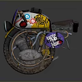 Vintage Design Motorcycle With Purple Headlight Shell Yellow Body Panels Sticker Art And Brown Leather Seat