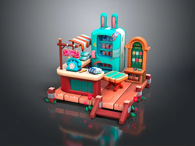 Cartoon Style Market Stall With Rabbit Shaped Cabinet Telephone Sign Striped Awning And Orange Steps 3d model