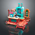 Cartoon Style Market Stall With Rabbit Shaped Cabinet Telephone Sign Striped Awning And Orange Steps