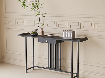 Black Chinese Console Table With Green Plant Vase And Decorative Box On Light Paneled Wall 3d model