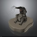 Gray Baby Elephant Sculpture Sitting On Light Base With Trunk Spraying Water Droplets