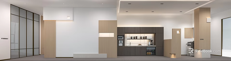 Modern Elevator Hallway Design With Wooden Panel White Wall And Recessed Lighting 3d model 