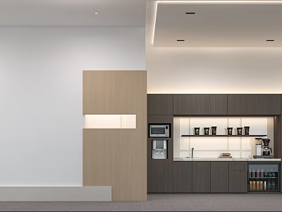 Modern Elevator Hallway Design With Wooden Panel White Wall And Recessed Lighting 3d model