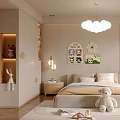 Modern Cozy Bedroom Interior With Chandelier Plush Toys And Decorative Paintings