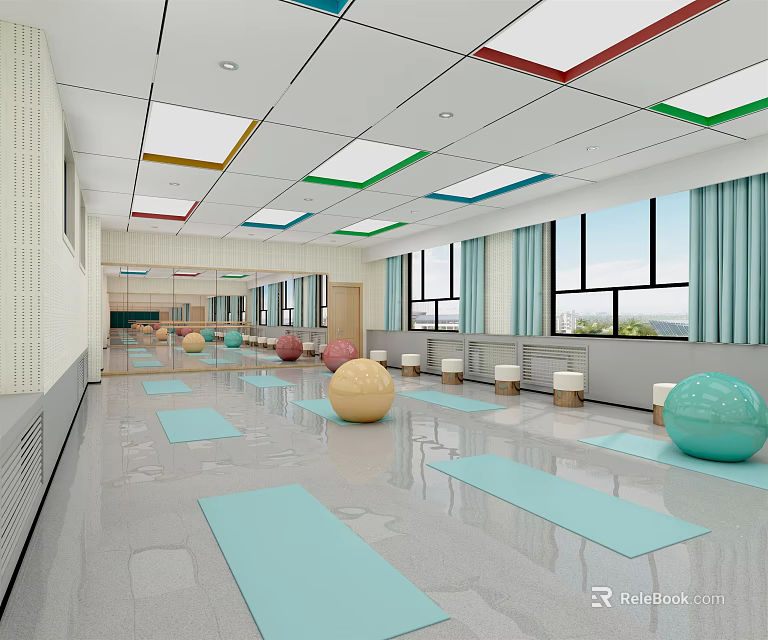 Spacious Bright Fitness Studio With Yoga Mats Exercise Balls And Large Windows 3d model 