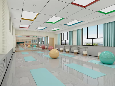 Spacious Bright Fitness Studio With Yoga Mats Exercise Balls And Large Windows 3d model