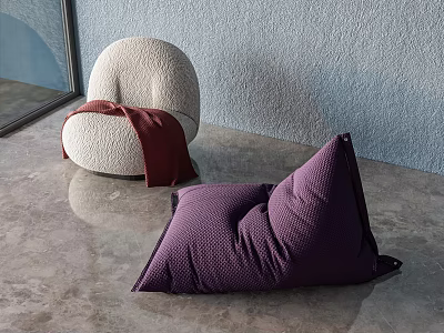 Light Gray Round and Purple Triangular Bean Bag Chairs with Red Blanket on Gray Floor and Light Blue Wall 3d model