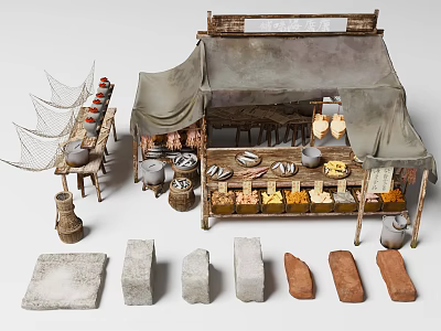 Traditional Market Stall With Tent Displaying Jars Bread and Goods Near Fishing Net and Stone Bricks 3d model