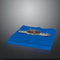 Scale Model Wooden Boat With White Hull Brown Deck On Blue Water Surface