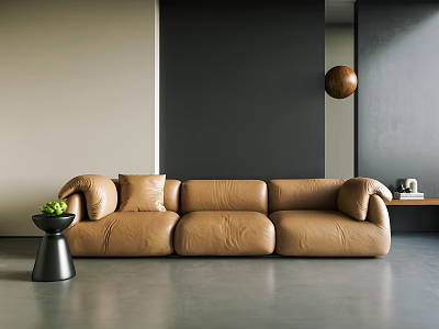 Modern Tan Leather Three-Seater Sofa With Curved Arms In Minimalist Living Space 3d model