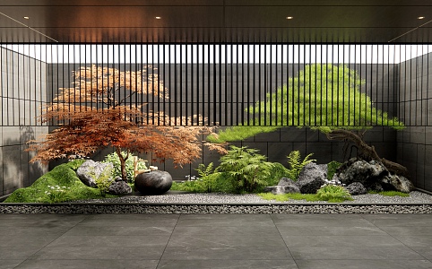 New Chinese Style Indoor Courtyard Landscape Patio Landscape Plant Landscape Red Maple Pine Tree Landscape Stone Water Pot Waterscape Plant Combination 3d model