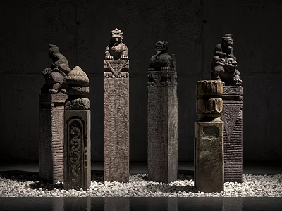 Ancient Carved Stone Columns With Intricate Details And Statues In Gallery 3d model