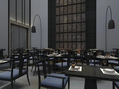 Modern Banquet Hall With Dark Tables Chairs Blue Cushions Decorative Wall And Pendant Lights 3d model