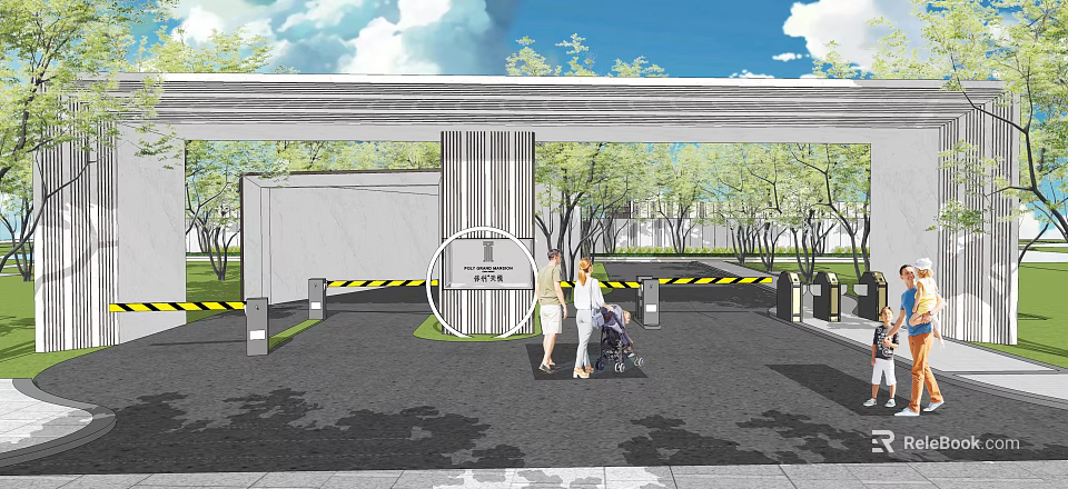 Modern Entrance Gate Design With Metal Railings Driveway Trees People And Baby Stroller Entry 3d model 