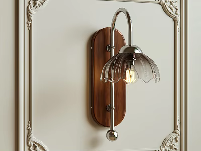 Elegant Vintage Wall Sconce With Wooden Backplate Transparent Petal Shaped Shade And Curved Metal Arm 3d model