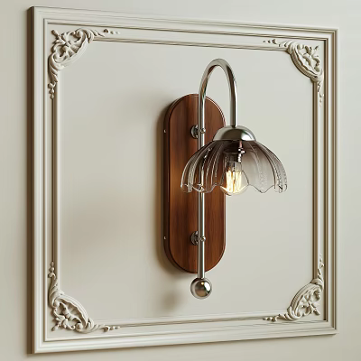 Elegant Vintage Wall Sconce With Wooden Backplate Transparent Petal Shaped Shade And Curved Metal Arm 3d model