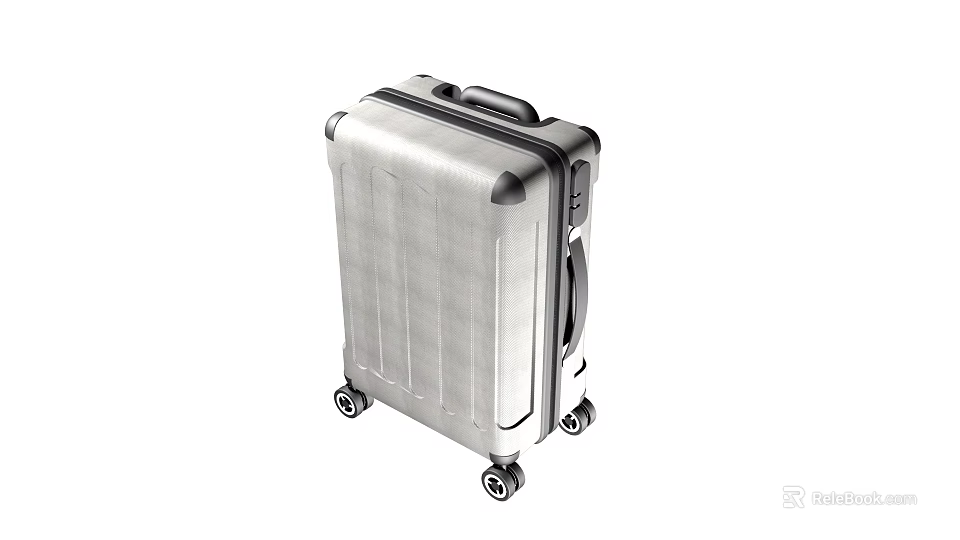 Silver Metallic Travel Suitcase Featuring Striped Surface Rolling Wheels And Telescopic Handle Design 3d model 