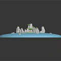 Cartoon Low Poly Landscape With Blue Water Gray Mountains Tall Green Tree And Central Island