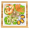 Seafood Platter With Fresh Shrimp Squid Rings Octopus Crab Sticks Mussels On Lettuce Wooden Tray