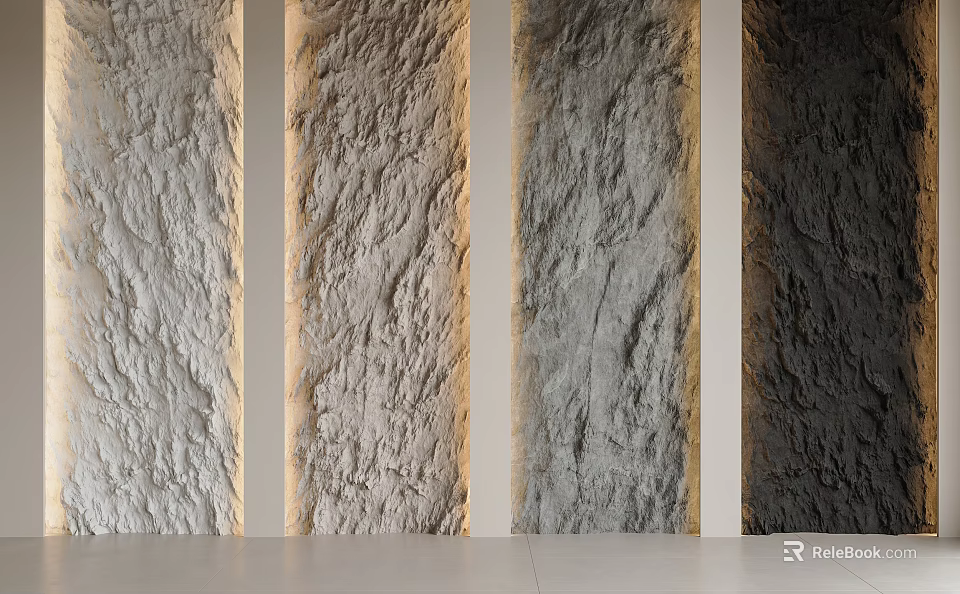 Textured Feature Wall with Stone Like Texture in Various Gray Tones Illuminated by Side Lighting for Modern Decor 3d model 