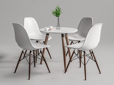 White Round Table And Four White Chairs Set With Dark Wooden Legs And Green Plant 3d model