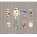 Colorful Robot Patterns Wall Decor with Various Designs and Striped Background 3d model