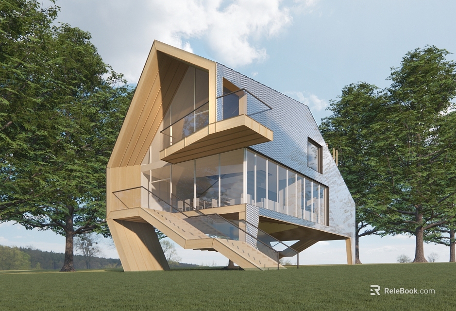 Unique Modern Detached Villa Featuring Angular Structure Large Glass Windows Wooden Balcony And Green Surroundings 3d model 