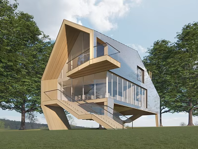 Unique Modern Detached Villa Featuring Angular Structure Large Glass Windows Wooden Balcony And Green Surroundings 3d model