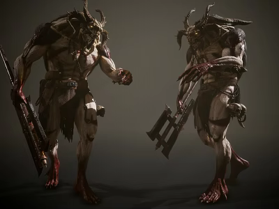 Game and Movie Characters With Horns Muscular Wielding Weapons Dark Fantasy Leather Armor Battle Ready 3d model