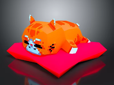 Pixel Art Orange Cat Lying On Red Star Shaped Cushion With Cute Facial Expression 3d model