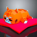 Pixel Art Orange Cat Lying On Red Star Shaped Cushion With Cute Facial Expression