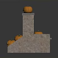 Decorative Fresh Pumpkins With Carved Smiling Faces Arranged On Stone Steps