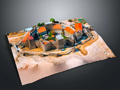 Miniature Walled Castle Town Model With Orange Roofed Buildings Green Trees And Paths 3d model
