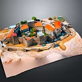 Miniature Walled Castle Town Model With Orange Roofed Buildings Green Trees And Paths