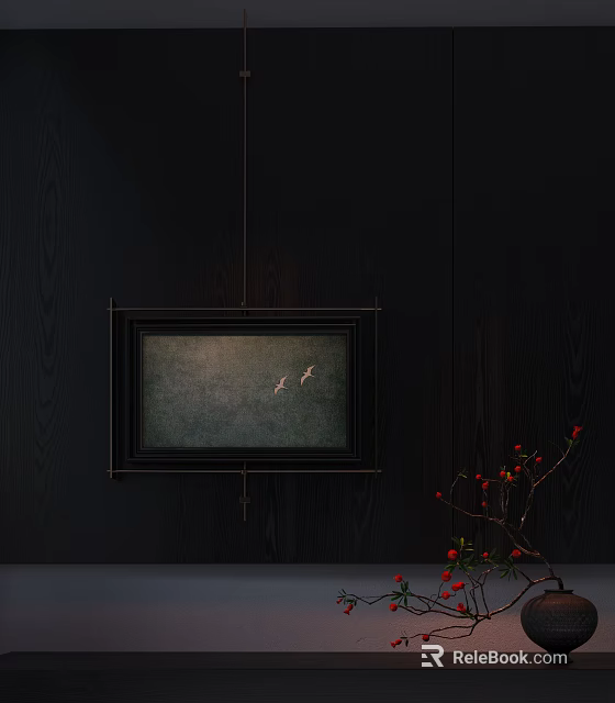 Black Wall Decor With Hanging Painting Two Birds Dark Frame And Red Berry Branch 3d model 