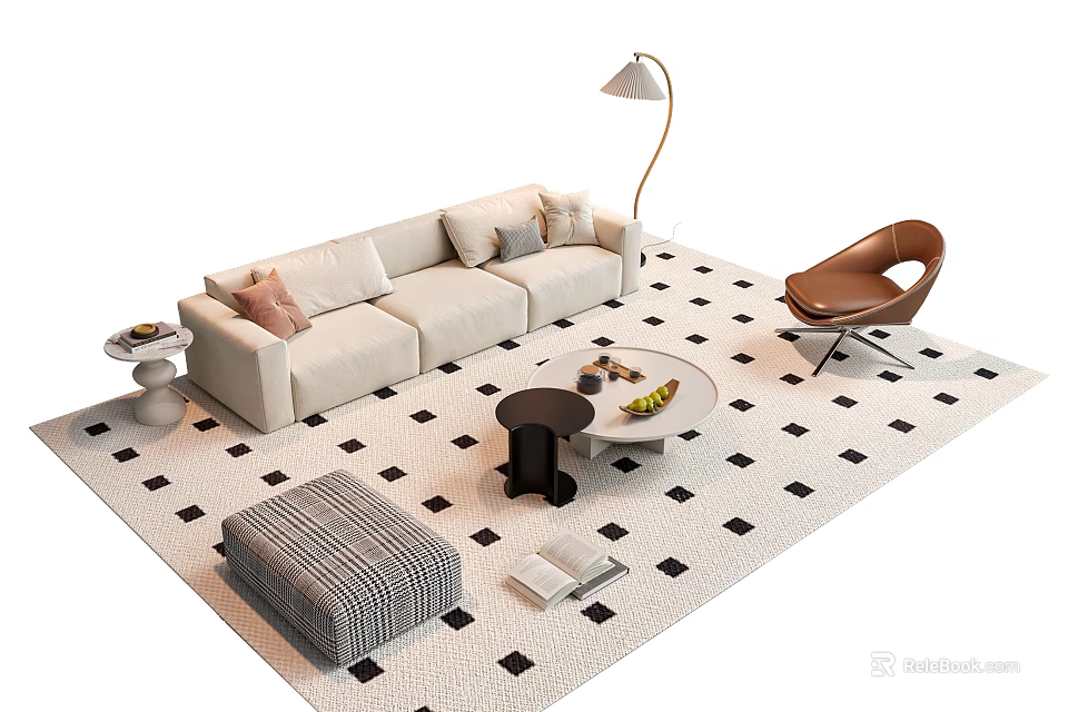Modern Beige Sofa And Coffee Table Set With Patterned Rug Accent Chair And Ottoman 3d model