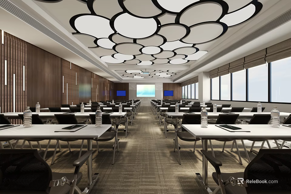 Modern Conference Room Interior With Circular Pendant Lights Wooden Walls Large Windows And Long Tables 3d model 