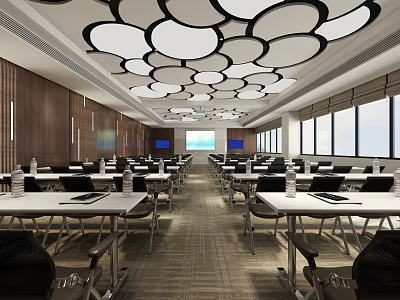 Modern Conference Room Interior With Circular Pendant Lights Wooden Walls Large Windows And Long Tables 3d model