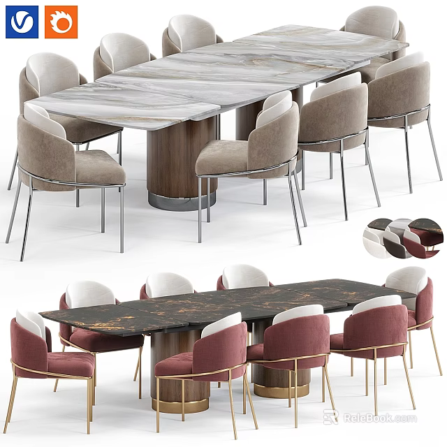 Modern Dining Table And Chair Set With Marble Top Metal Base And Red Upholstered Chairs 3d model 