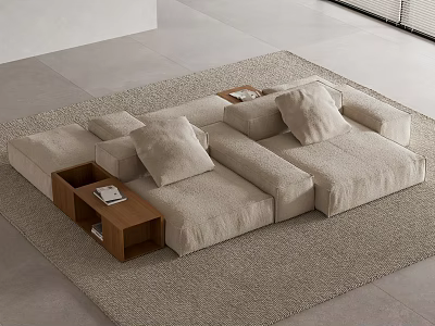 Modern Modular Sectional Sofa In Minimalist Living Room With Wooden Side Tables And Soft Pillows 3d model