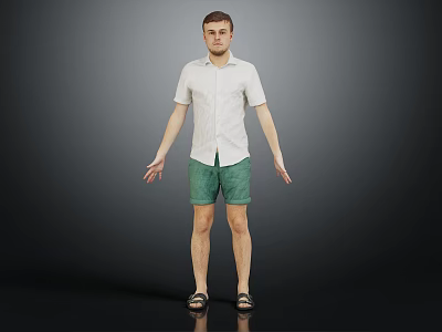 Man In White Short Sleeve Shirt Green Shorts Black Sandals Standing Against Gray Background Arms Outstretched 3d model