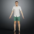 Man In White Short Sleeve Shirt Green Shorts Black Sandals Standing Against Gray Background Arms Outstretched