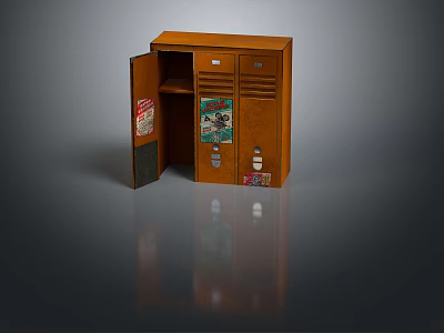 Brown Double Door Locker Furniture With Open Door And Stickers Inside 3d model